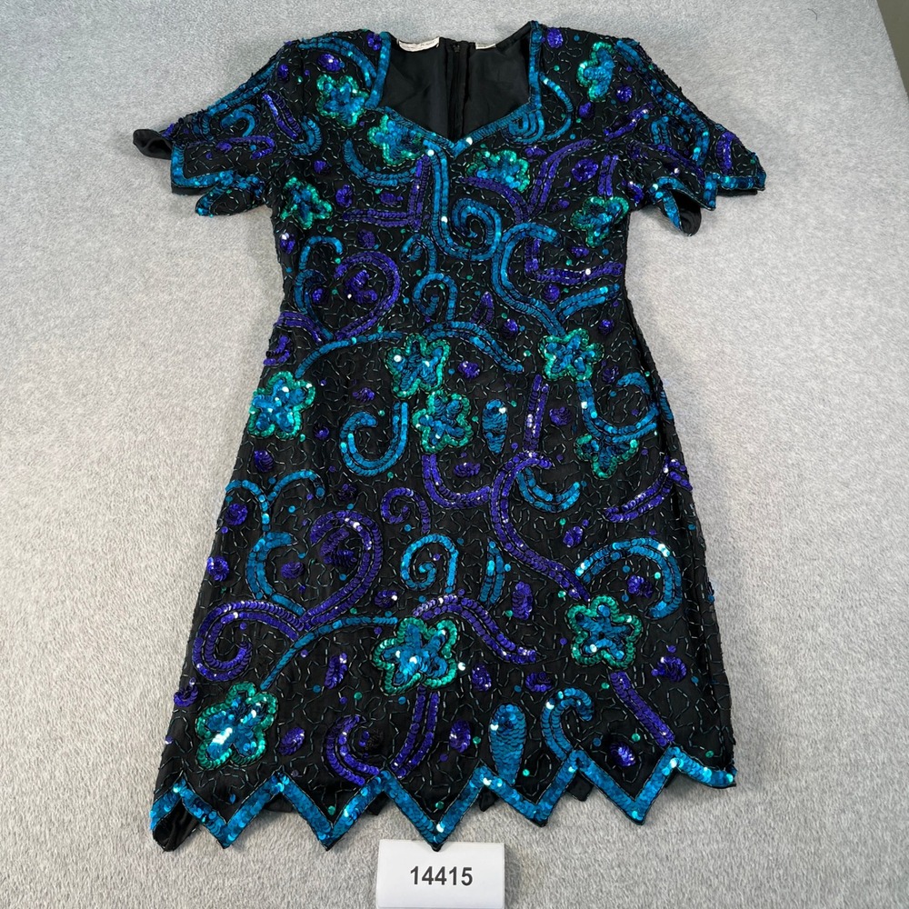 Laurence Kazar Dress Womens L Black Blue Silk Sequin Beaded Vintage Excellent